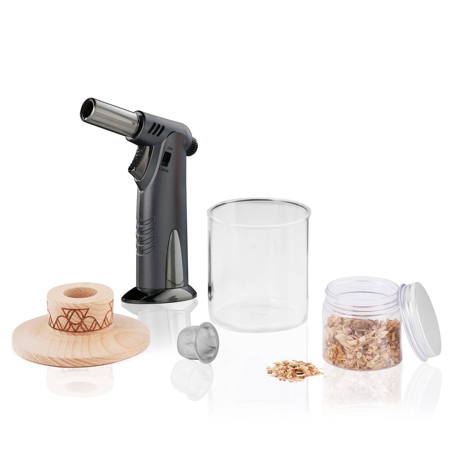 The AlchemI Single Serve Smoked Cocktail Kit by sonia's-vokalized-kreations includes a torch, wood infusion lid, glass, metal mesh, wood chips, and a jar—ideal for transforming drinks into aromatic masterpieces and elevating any beverage experience to an extraordinary sensory delight.