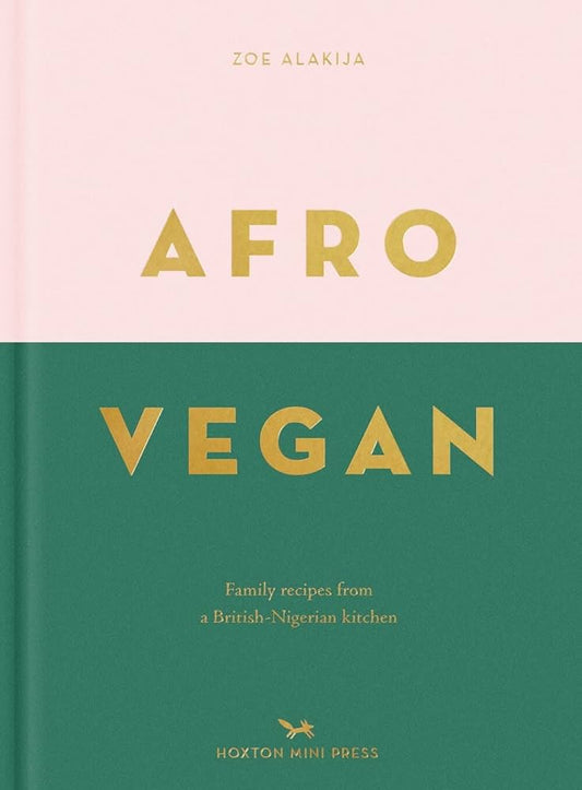 The book cover "Seasoned" by Sonia's Vokalized Kreations showcases gold text on a pink and green background. The subheading, "Family recipes from a British-Nigerian kitchen," presents an Afro-Vegan cookbook experience with flavors like seafood spice blend and Barbados hot pepper sauce.