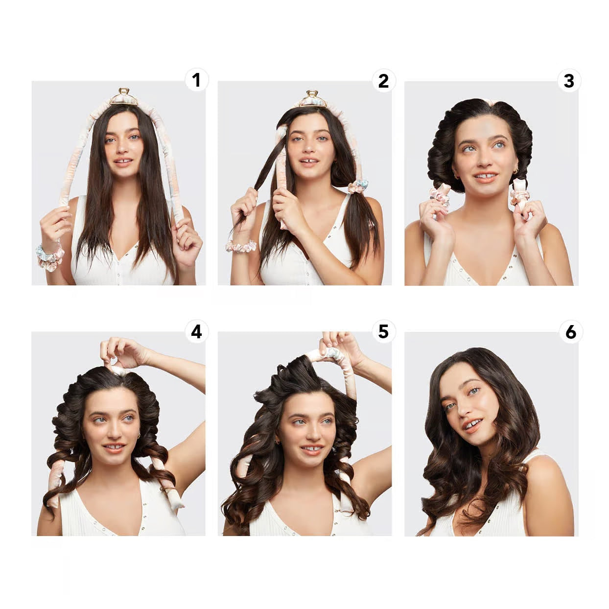 A woman indulges in self-care by using Sonia's Vokalized Kreations' "Self Less Care" heatless curling headband, showcasing a step-by-step curling process through six images that inspire you to rejuvenate.