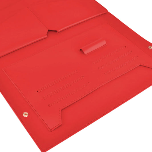 Open The Adele by Sonia's Vokalized Kreations, a stylish red leather folder, featuring cardholder slots and snap button closures.