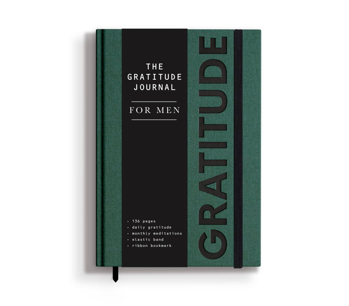 The Men's Gratitude Journal by sonia's-vokalized-kreations is green and black, featuring an elastic band and ribbon bookmark. Designed to enhance mindfulness, it offers daily gratitude prompts and monthly meditations.