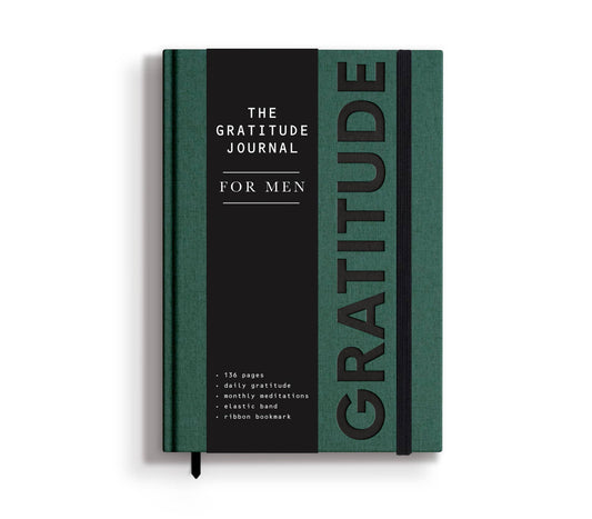 The Men's Gratitude Journal by sonia's-vokalized-kreations is green and black, featuring an elastic band and ribbon bookmark. Designed to enhance mindfulness, it offers daily gratitude prompts and monthly meditations.