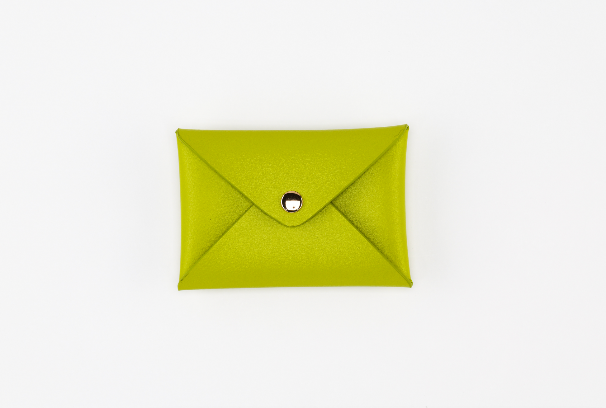 A lime green wallet with snap button closure from the Pompei & Brooklyn Bundle by Sonia's Vokalized Kreations, elegantly displayed against a crisp white background.