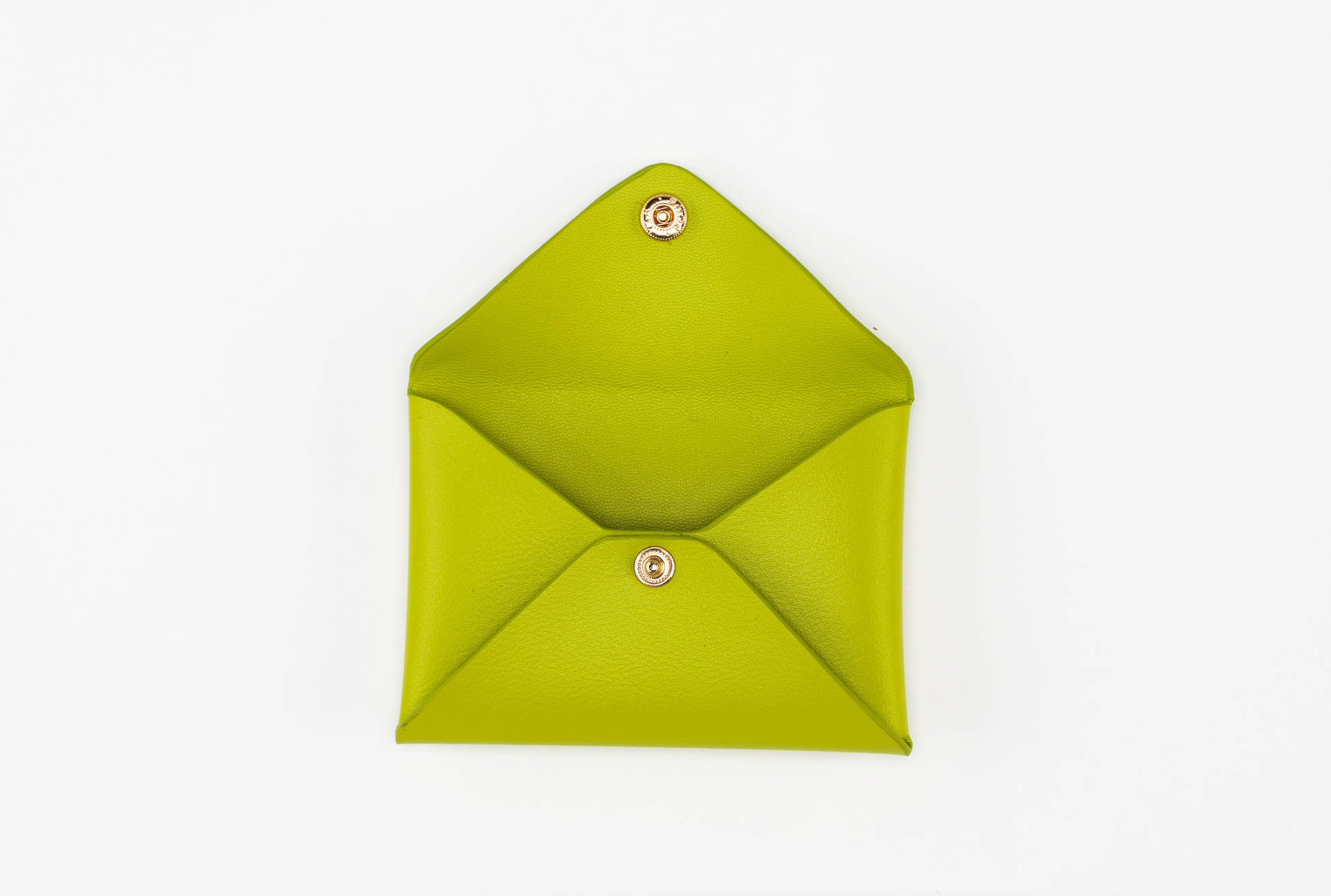 A bright green, open leather envelope pouch from the Pompei & Brooklyn Bundle by Sonia's Vokalized Kreations, reminiscent of the Pompei Clutch, features a snap button closure and is laid flat on a white background.