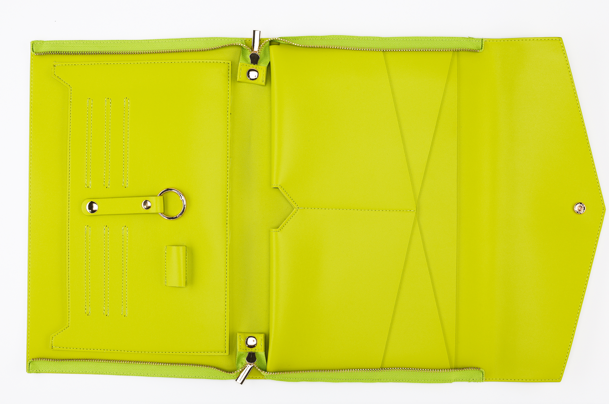 The Pompei & Brooklyn Bundle by Sonia's Vokalized Kreations features a green leather clutch-turned-organizer with pockets, card slots, and a ring holder, elegantly displayed flat on a white background.