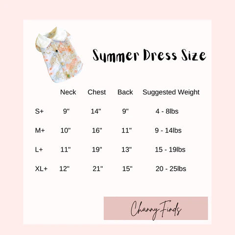 Explore the size chart for Sonia's Vokalized Kreations' Summer Princess Vintage Style Handmade Pet Dress-Shirt. It outlines neck, chest, and back measurements along with recommended weight: S+ (4-8 lbs), M+ (9-14 lbs), L+ (15-19 lbs), XL+ (20-25 lbs). Made from breathable fabric.