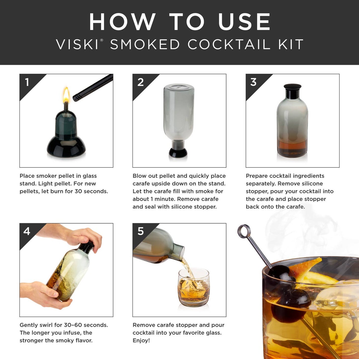 Instructions for using the Alchemi Smoked Cocktail Kit by sonia's-vokalized-kreations provide a compact solution: ignite whiskey-soaked oak pellets to capture aromatic smoke, then infuse your drink in a glass carafe using the smoke rinse method.