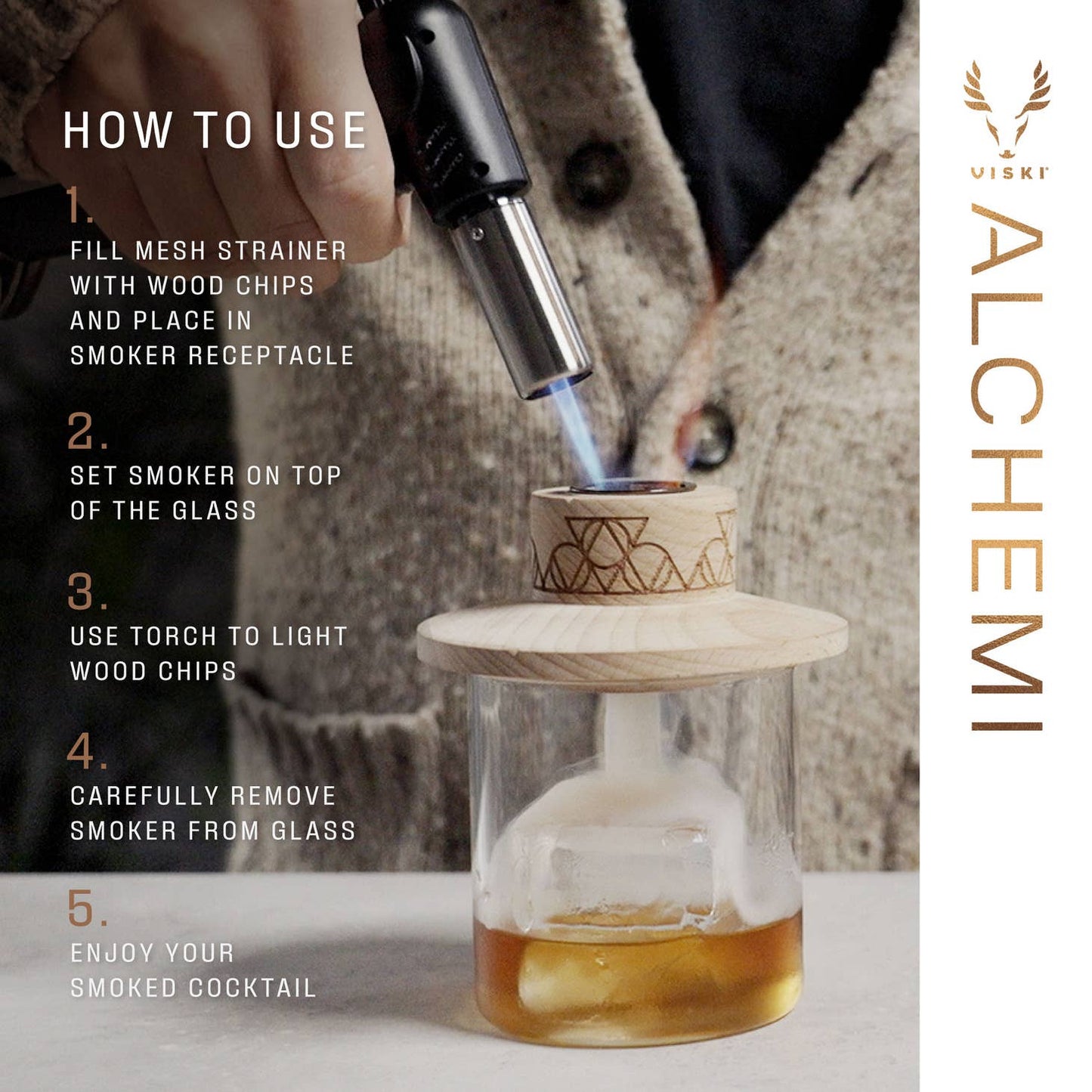 Someone skillfully uses the AlchemI Single Serve Smoked Cocktail Kit by sonia's-vokalized-kreations, lighting wood chips with a torch and following step-by-step instructions to craft a perfectly smoked cocktail.