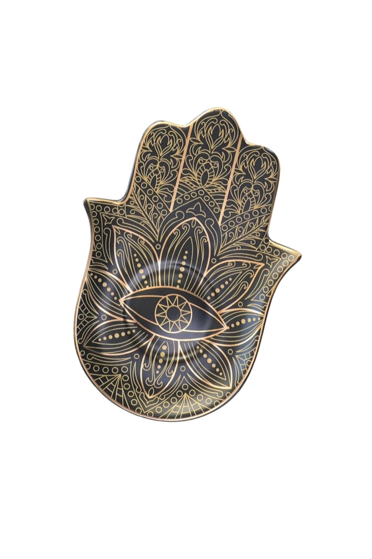 The "Don't Disturb My Peace" dish by Sonia's Vokalized Kreations is a black and gold, hand-shaped piece featuring intricate patterns and a central eye design, ideal for cultivating inner harmony and mindfulness.