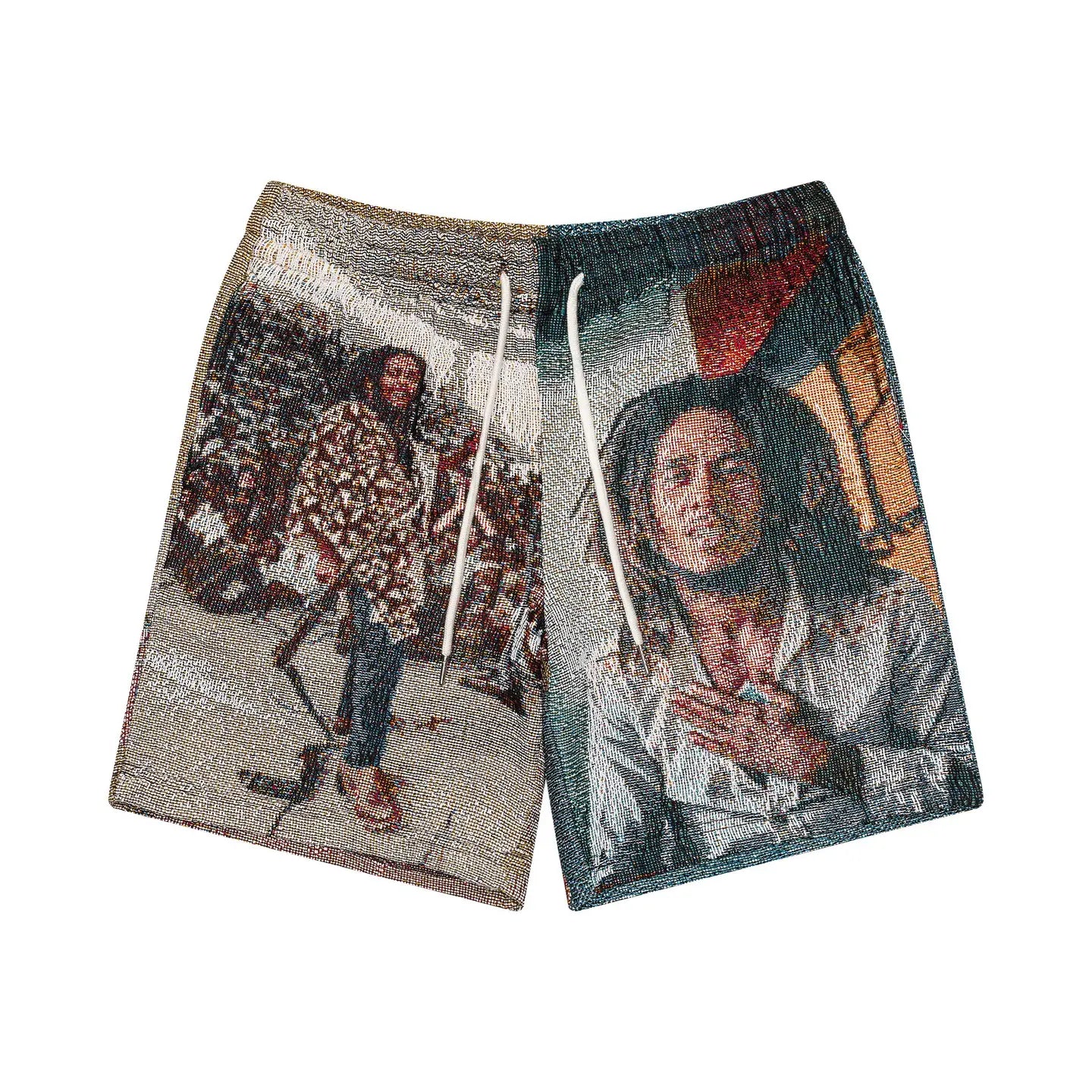 Bob Marley Tapestry Shorts by Sonia's Vokalized Kreations have a tapestry design featuring images of a person on each leg, celebrating reggae music and vibrant Jamaican rhythms.