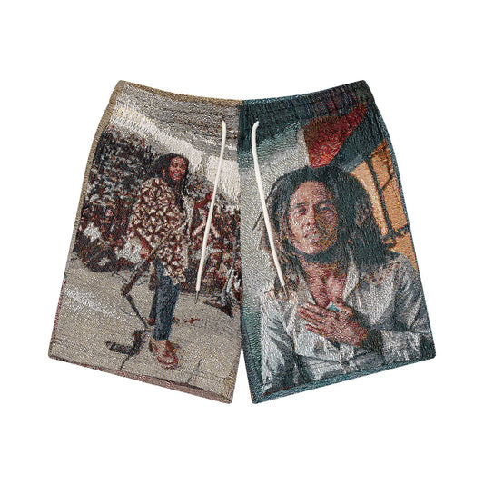 Bob Marley Tapestry Shorts by Sonia's Vokalized Kreations have a tapestry design featuring images of a person on each leg, celebrating reggae music and vibrant Jamaican rhythms.
