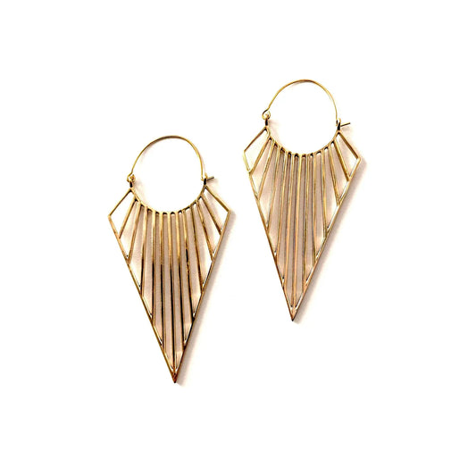 The Jali Brass Earrings by Sonia's Vokalized Kreations are geometric gold hoops featuring triangular shapes and radiating linear bars.