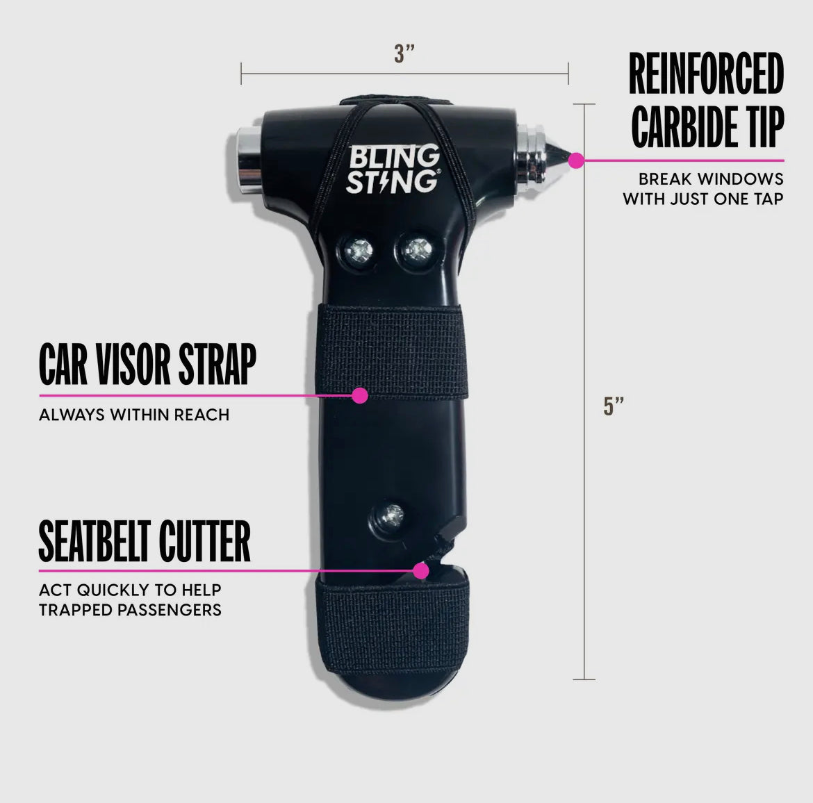 The Glammer Hammer by Sonia's Vokalized Kreations is a black emergency escape tool featuring a reinforced carbide tip, seatbelt cutter, and car visor strap. It measures 3 inches by 5 inches.