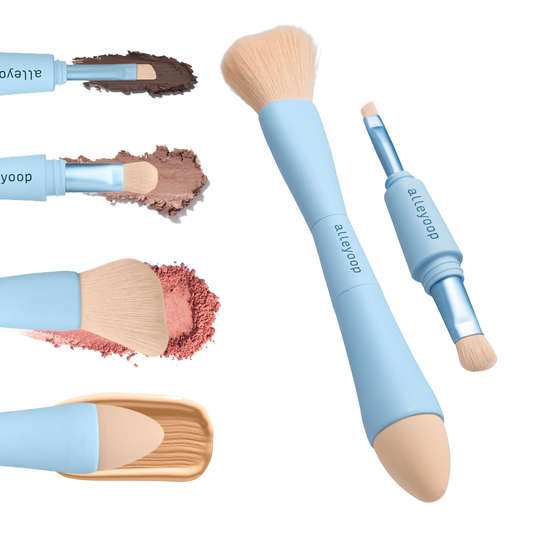 The "4 in 1 Makeup Brush" by Sonia's Vokalized Kreations is a travel-friendly, multi-functional tool with blue handles and versatile brush tips for applying various powders and creams.