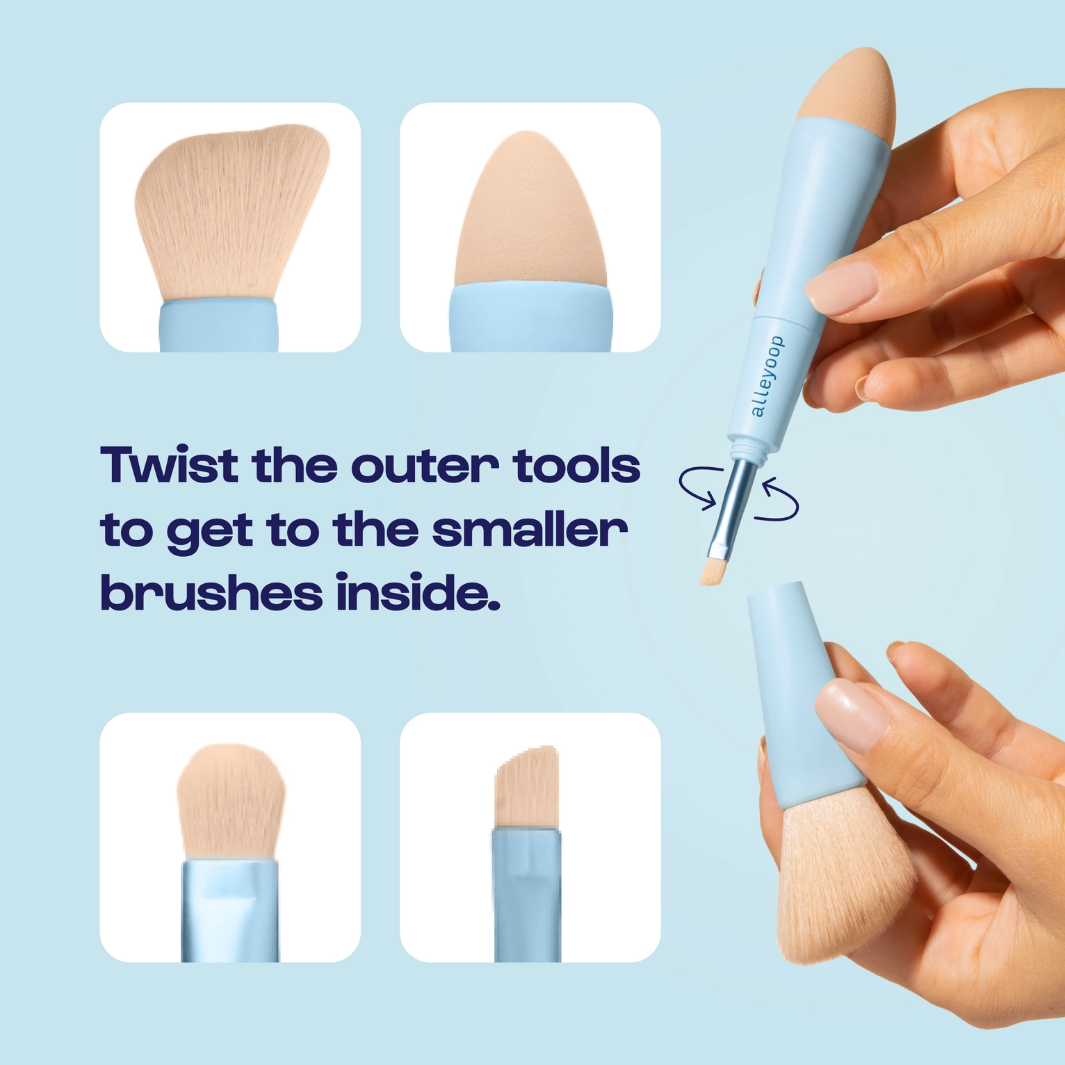 Hands demonstrate Sonia's Vokalized Kreations' "4 in 1 Makeup Brush," a multi-tasking, travel-friendly tool with interchangeable heads. Simply twist to reveal smaller brushes, ideal for on-the-go beauty enthusiasts.