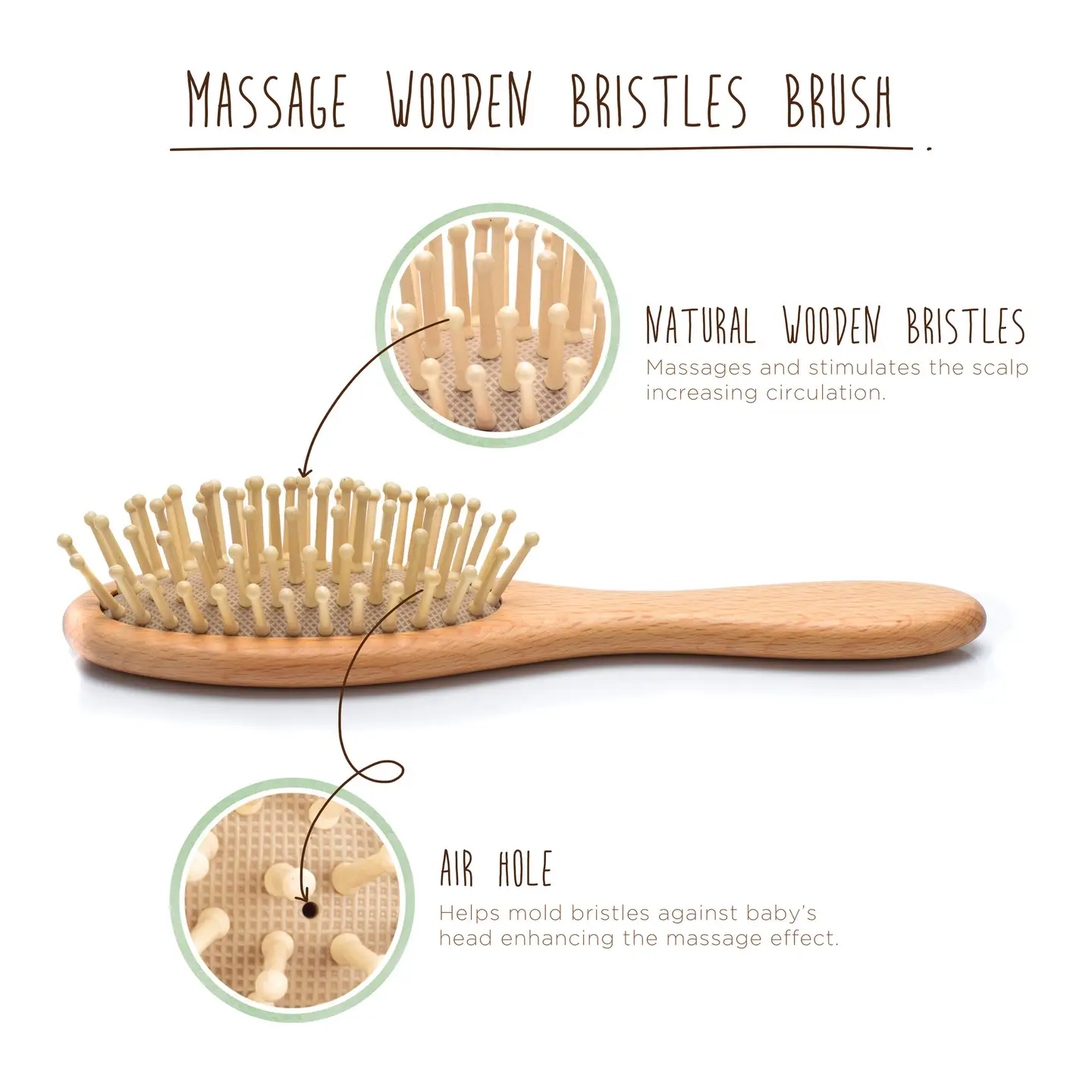 The "Mommy, Let's Cuddle!" wooden hairbrush by Sonia's Vokalized Kreations features natural wooden bristles and an air hole to massage the scalp, enhance circulation, and provide gentle grooming from infancy. It's a perfect complement to a Baby Hair Brush Set for a soothing experience.