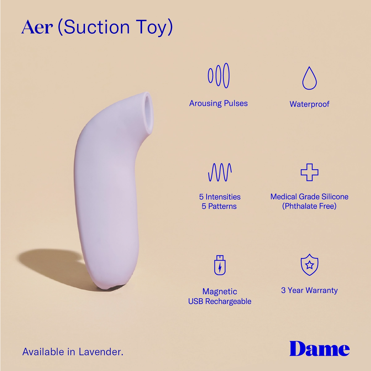 The lavender Aer Suction Toy by Sonia's Vokalized Kreations combines arousing pulses with advanced pressure wave technology. Made from medical-grade silicone, it offers 5 intensities and patterns, is waterproof, USB rechargeable, and includes a 3-year warranty for ultimate clitoral stimulation.