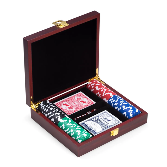 The Rosewood Poker Set by Sonia's Vokalized Kreations features an open cherry finish wood case with 100 clay composite chips in four colors, two decks of playing cards, and dice arranged inside.