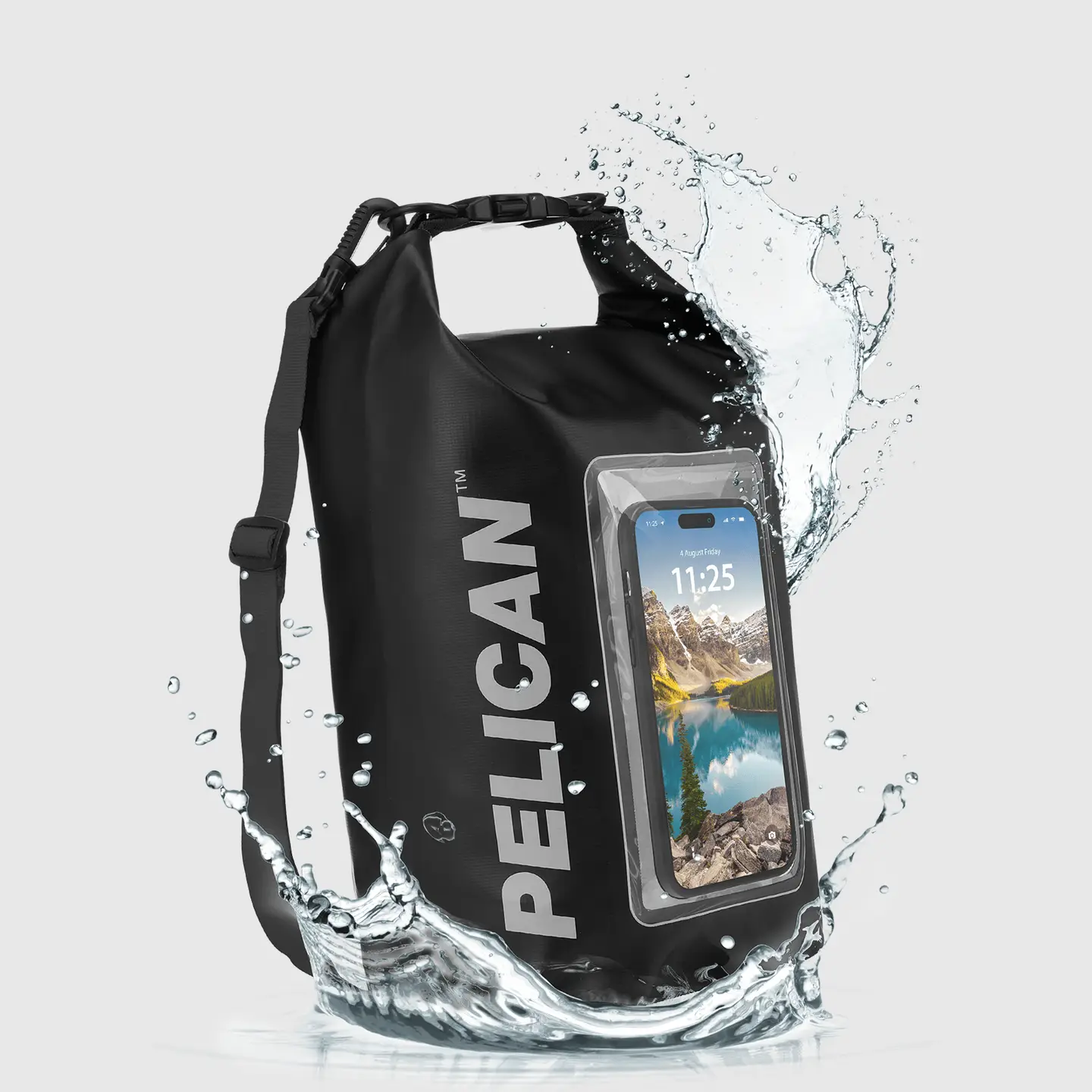 The Pelican Marine Waterproof 5L Dry Bag (Stealth Black) by Sonia's Vokalized Kreations features a clear phone pouch and is splashed with water, highlighting its reliable waterproof protection.