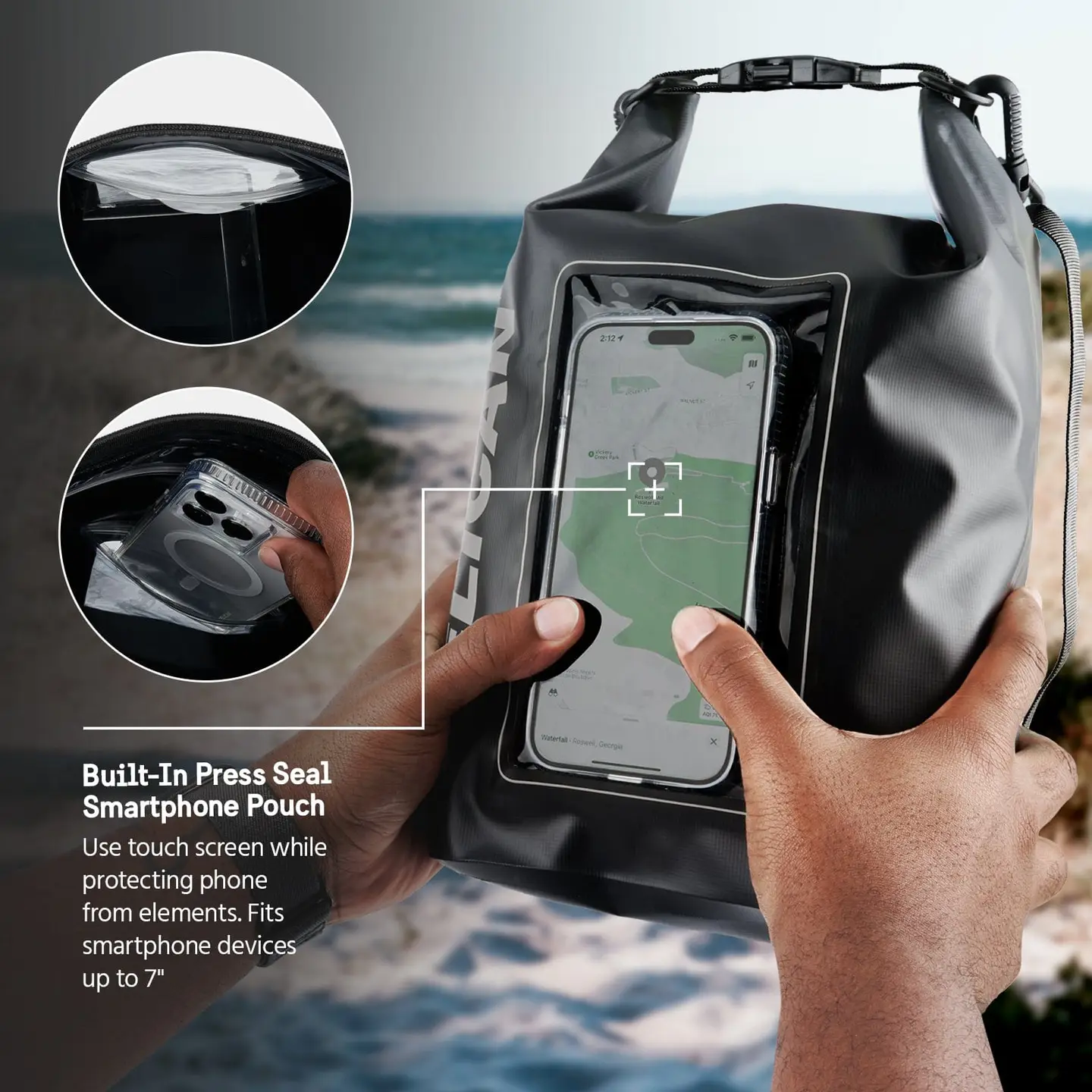 A user operates their smartphone through the clear window of the Pelican Marine Waterproof 5L Dry Bag (Stealth Black) - Phone Pouch by Sonia's Vokalized Kreations, showcasing its touch screen functionality and versatile device compatibility.