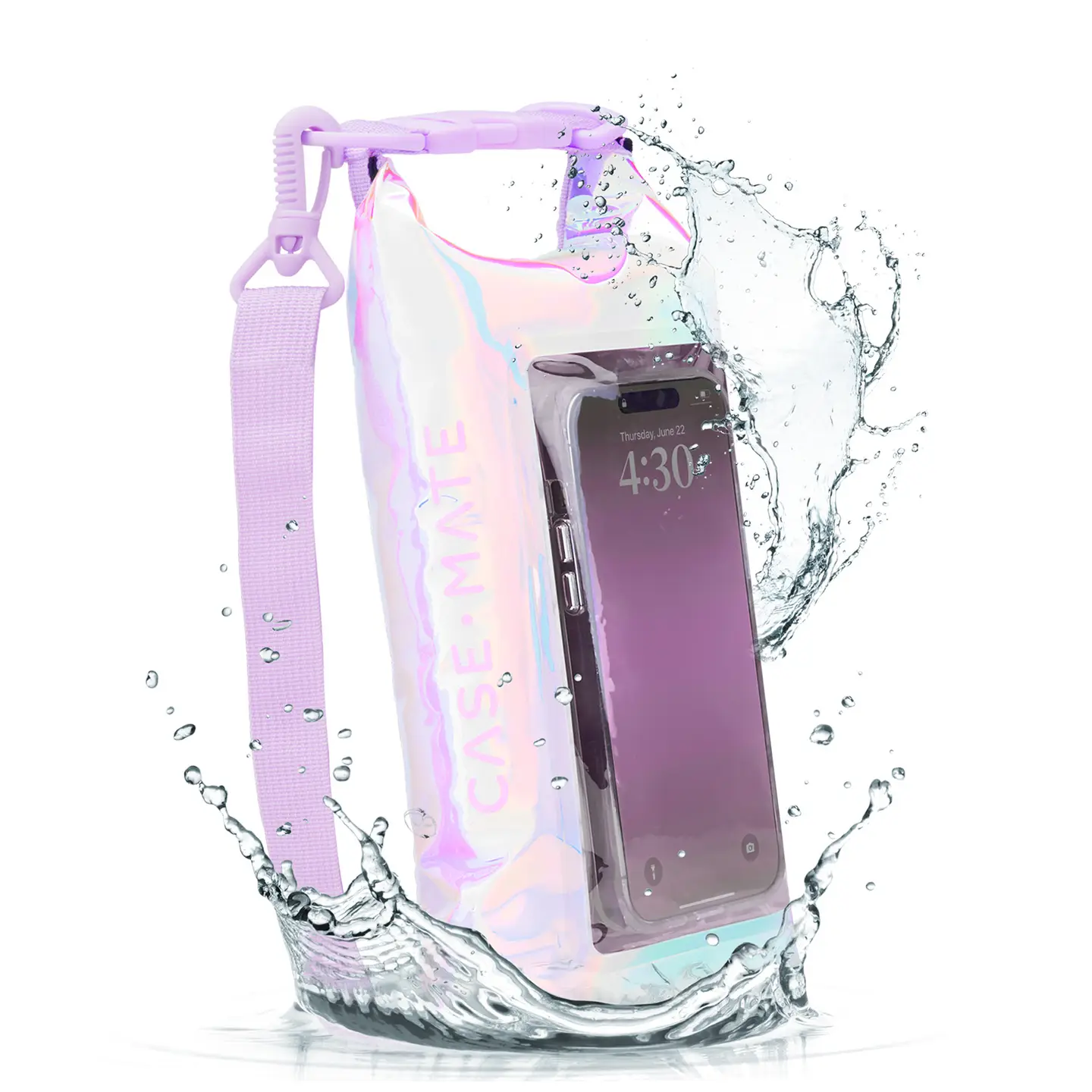 The Waterproof Mini Phone Bucket Bag by Sonia's Vokalized Kreations features a lavender strap and is shown partly submerged, displaying a phone inside. Weighing only 2.88 oz, it's perfect for travel and carefully crafted in Vietnam.
