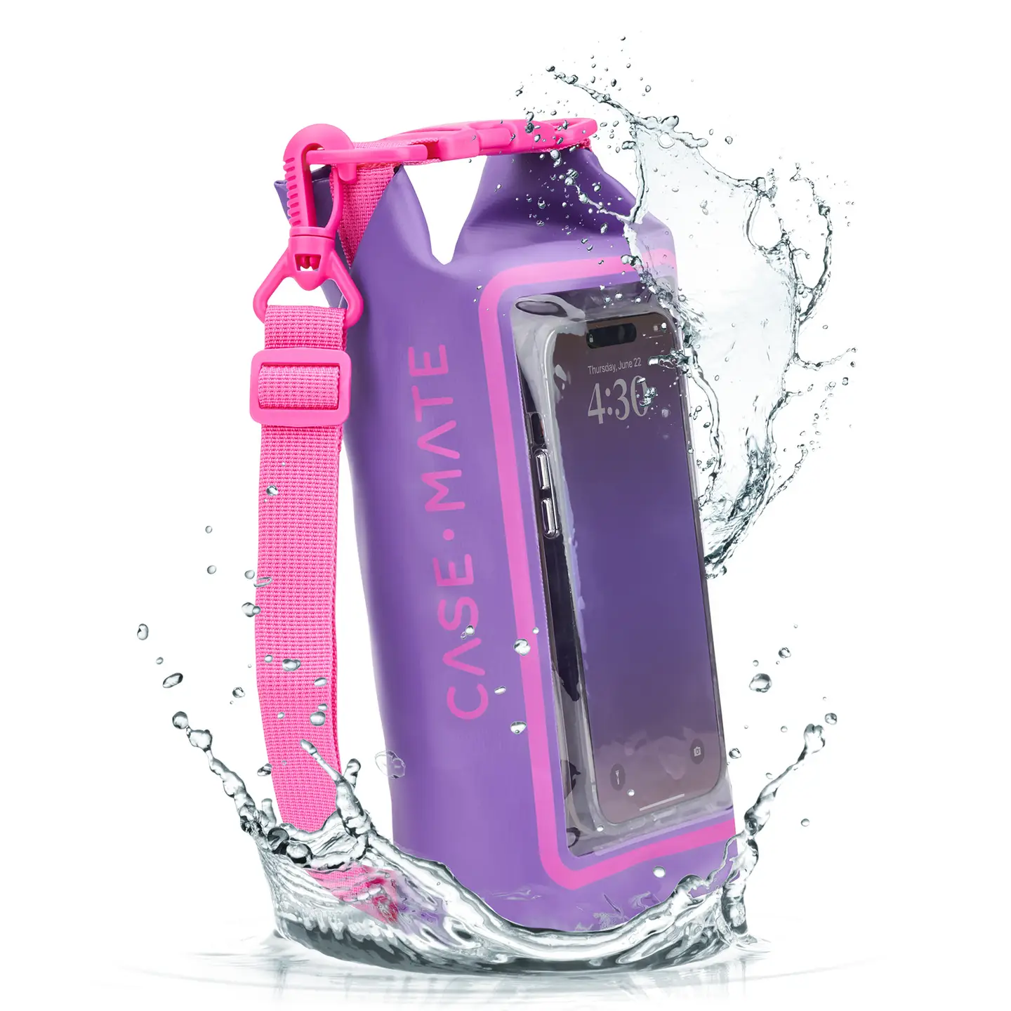 A lightweight, purple and pink Waterproof Mini Phone Bucket Bag by Sonia's Vokalized Kreations, weighing just 2.88 oz and expertly made in Vietnam, is shown splashed with water while protecting a visible smartphone inside.