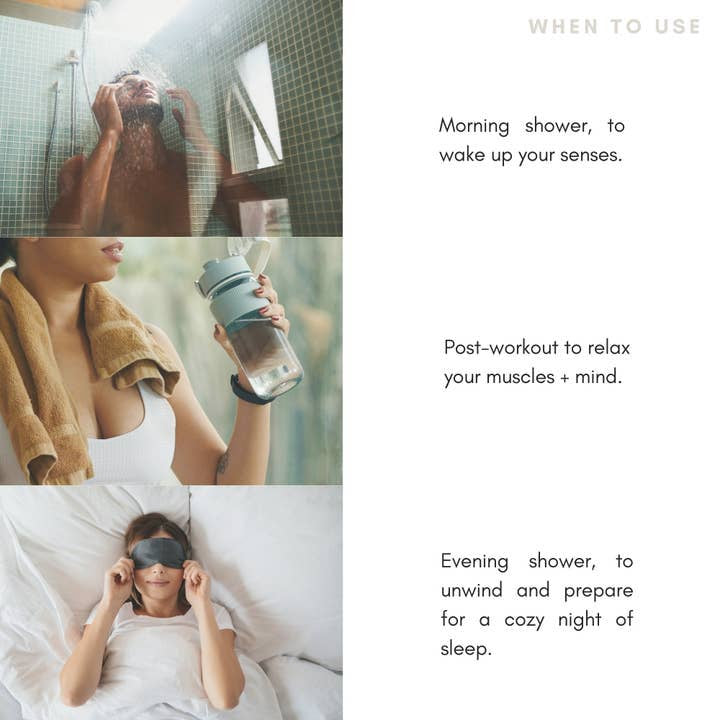 Images: A person enjoying Sonia's Vokalized Kreations Shower Steamers, another drinking water, and someone in bed with an eye mask. Text suggests morning showers for a spa-like experience using the Variety Pack, staying hydrated post-workout, and indulging in evening showers.