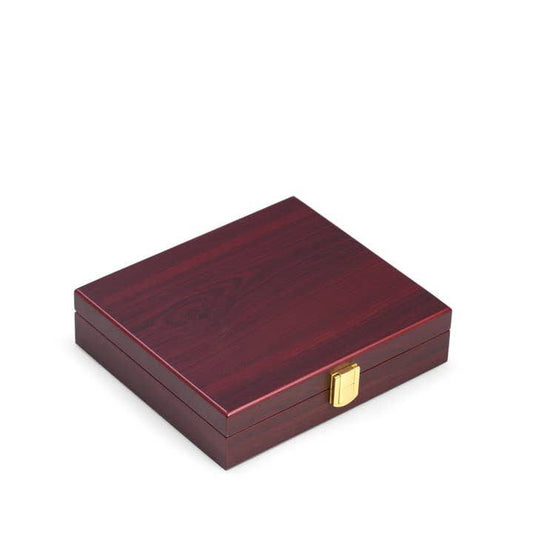 The Rosewood Poker Set by Sonia's Vokalized Kreations features a closed, rectangular cherry finish case with a gold clasp, displayed on a white background.