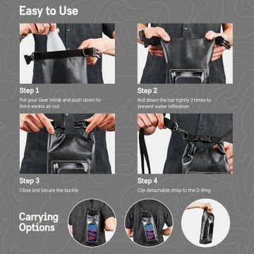 Four-step guide for using the Sonia's Vokalized Kreations Pelican Marine Waterproof 5L Dry Bag (Stealth Black) – Phone Pouch: insert items, roll top, secure buckle, attach strap; a phone appears in the clear pocket in the last step.