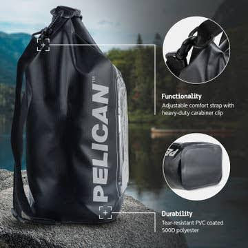 The Pelican Marine Waterproof 5L Dry Bag (Stealth Black) by Sonia's Vokalized Kreations is shown lakeside, featuring tear-resistant PVC-coated polyester, a comfort strap, carabiner clip, and includes a phone pouch.