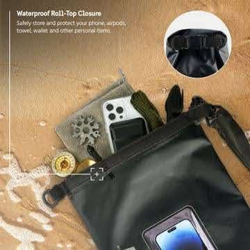 The Pelican Marine Waterproof 5L Dry Bag (Stealth Black) by Sonia's Vokalized Kreations sits open on sand, holding a phone, keys, towel, and wallet. An inset highlights the close-up of the bag's secure rolled closure.