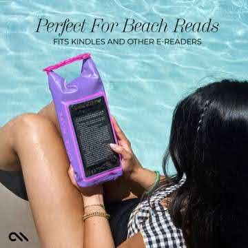 A person relaxes poolside in Vietnam, reading on an e-reader protected by the Sonia's Vokalized Kreations Waterproof Mini Phone Bucket Bag. Text above: "Perfect for Beach Reads. Fits Kindles & E-Readers. Only 81.65g (2.88oz) for easy travel.