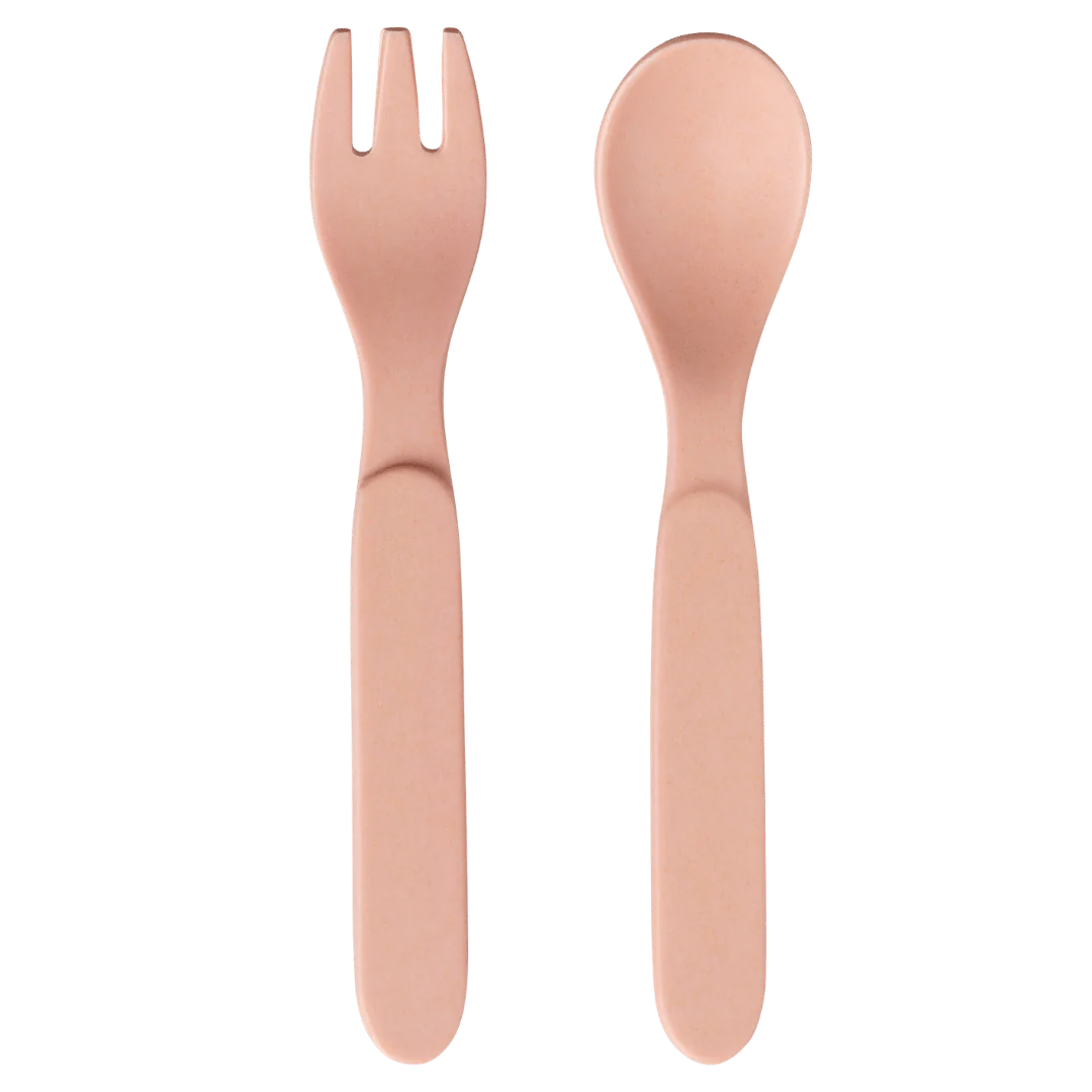 The Baby Bamboo Dinnerware Set by sonia's-vokalized-kreations features a peach-colored plastic spork and spoon, side by side on a plain background, providing an eco-friendly addition to your dining essentials.