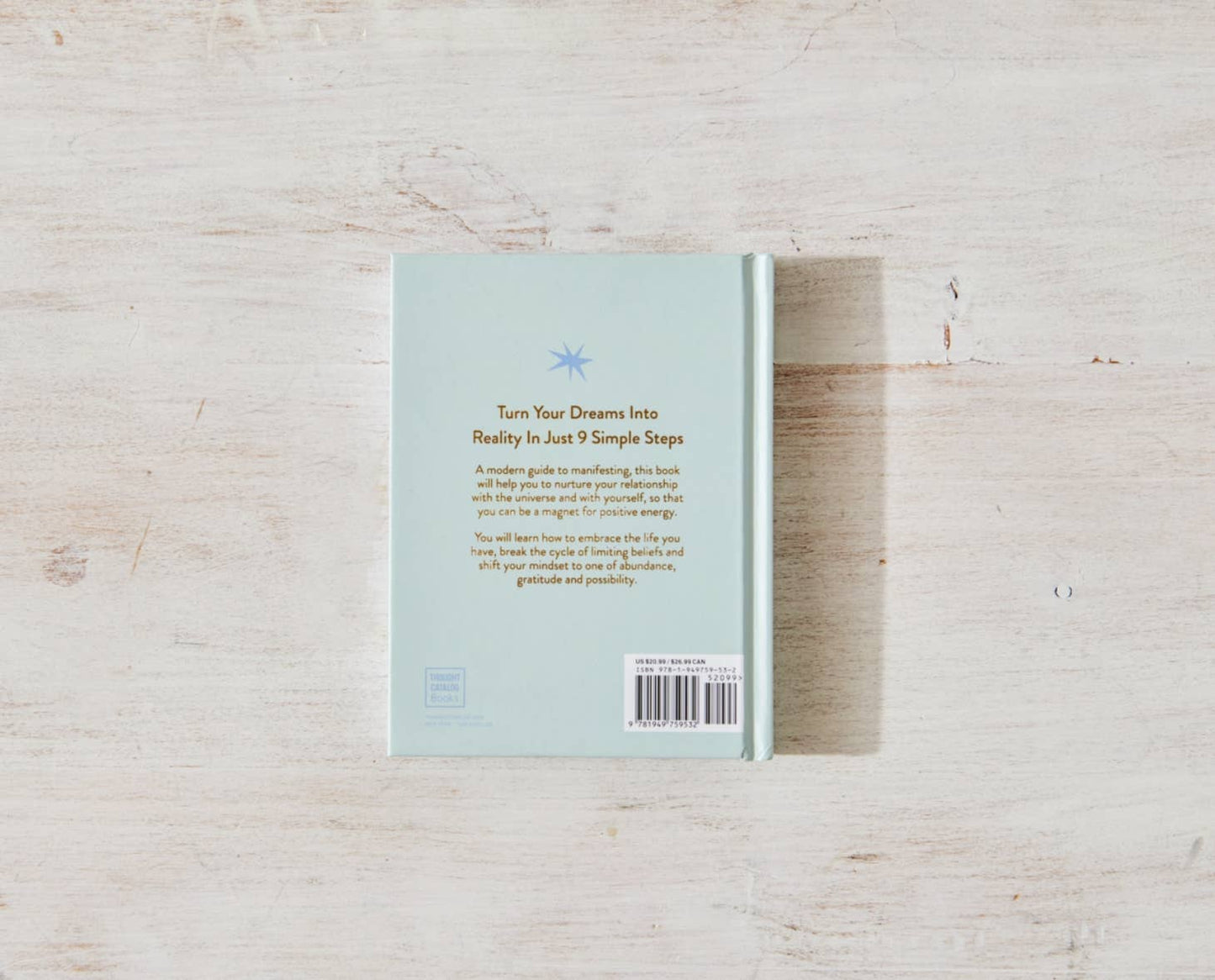 The back cover of "Manifesting For Beginners" by Victoria Jackson from sonia's-vokalized-kreations rests on a light wood surface, featuring an inspiring star illustration that promises a transformative journey of manifesting positive energy and mindset shifts to unlock your dreams.