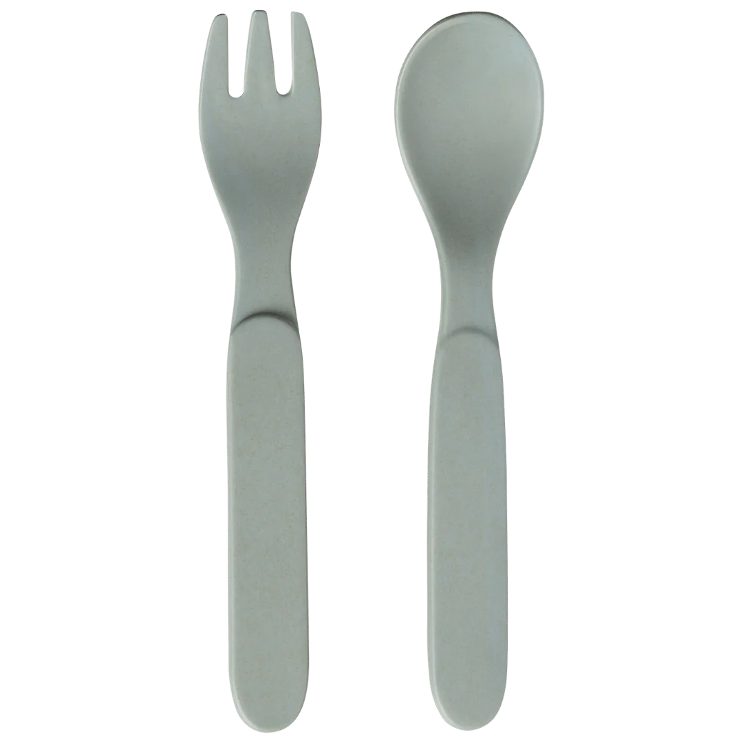 A gray spork and spoon set, with matching handles, from sonia's-vokalized-kreations' Baby Bamboo Dinnerware Set, redefines eco-friendly style against a plain background.