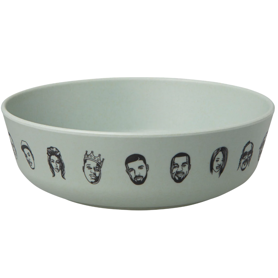The Baby Bamboo Dinnerware Set from sonia's-vokalized-kreations features an eco-friendly light gray bowl with simple line drawings of various people's faces, blending style and sustainability.