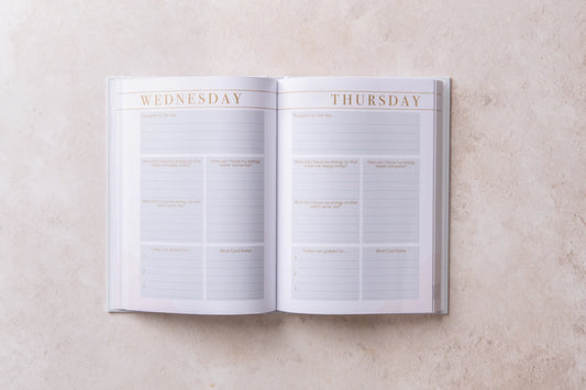 Open the Mind Notes Journal by sonia's-vokalized-kreations to a Wednesday and Thursday layout, featuring sections for thoughts, tasks, and gratitude notes on a light background. This wellbeing journal is ideal for integrating gratitude into your daily routine.