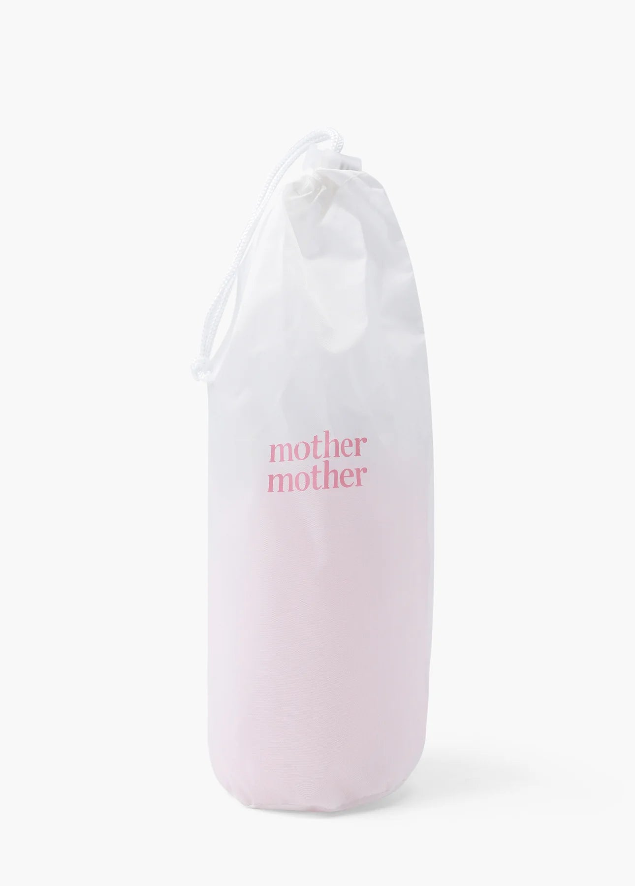 The white drawstring bag with "mother mother" in pink is ideal for postpartum essentials like the sonia's-vokalized-kreations Peri Bottle.