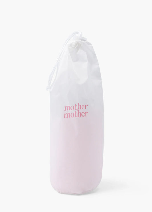 The white drawstring bag with "mother mother" in pink is ideal for postpartum essentials like the sonia's-vokalized-kreations Peri Bottle.