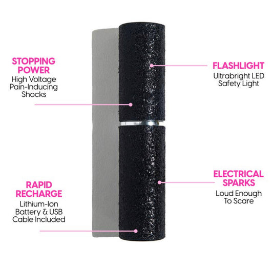 The Mini Stun Gun from Sonia's Vokalized Kreations features a sleek, black textured cylinder design with high voltage electric shocks, an LED flashlight, and loud sparks. It's rechargeable with a lithium-ion battery and USB cable for quick power-up.