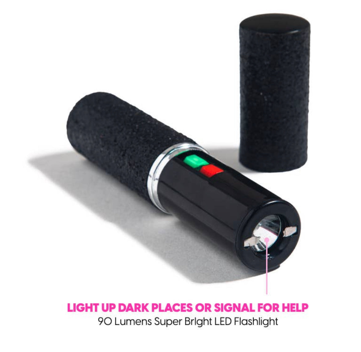 Black LED flashlight with a textured grip, visible bulb, and power switch. Caption: "Rechargeable for dependability, illuminate or signal in emergencies. 90 Lumens Super Bright LED Flashlight." Product Name: Mini Stun Gun by sonia's-vokalized-kreations.