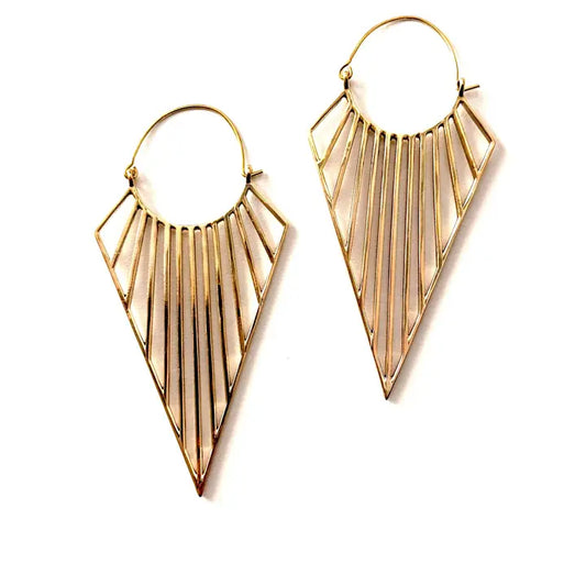 Jali Brass Earrings by Sonia's Vokalized Kreations feature gold-tone geometric, triangular fan designs with hoop closures, shown on a white background.