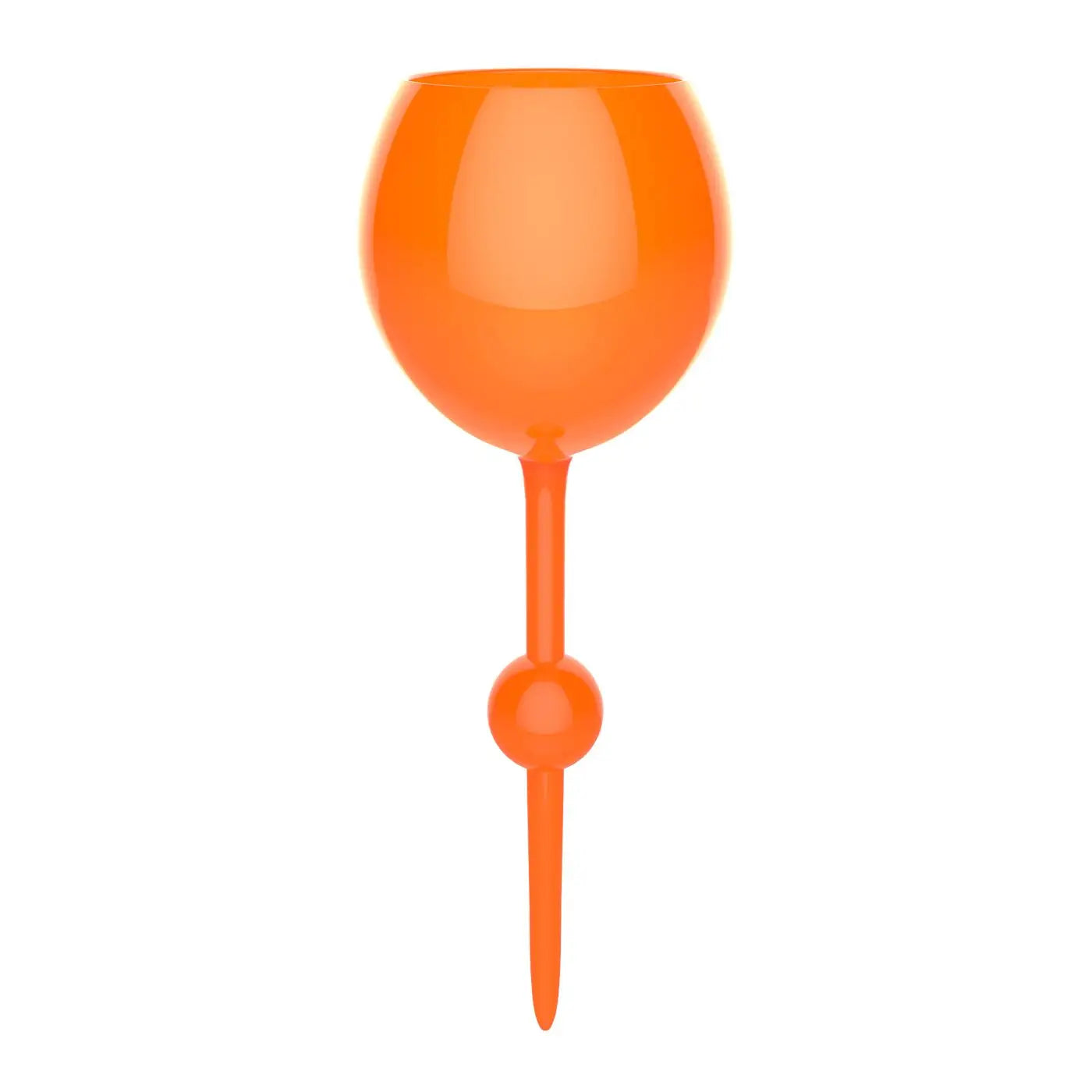 The Floating Wine Glass for Beach, Pool & Outdoors by Sonia's Vokalized Kreations is an orange, reusable acrylic glass with a round bowl and pointed base—perfect for outdoor gatherings and easy placement in sand or grass.