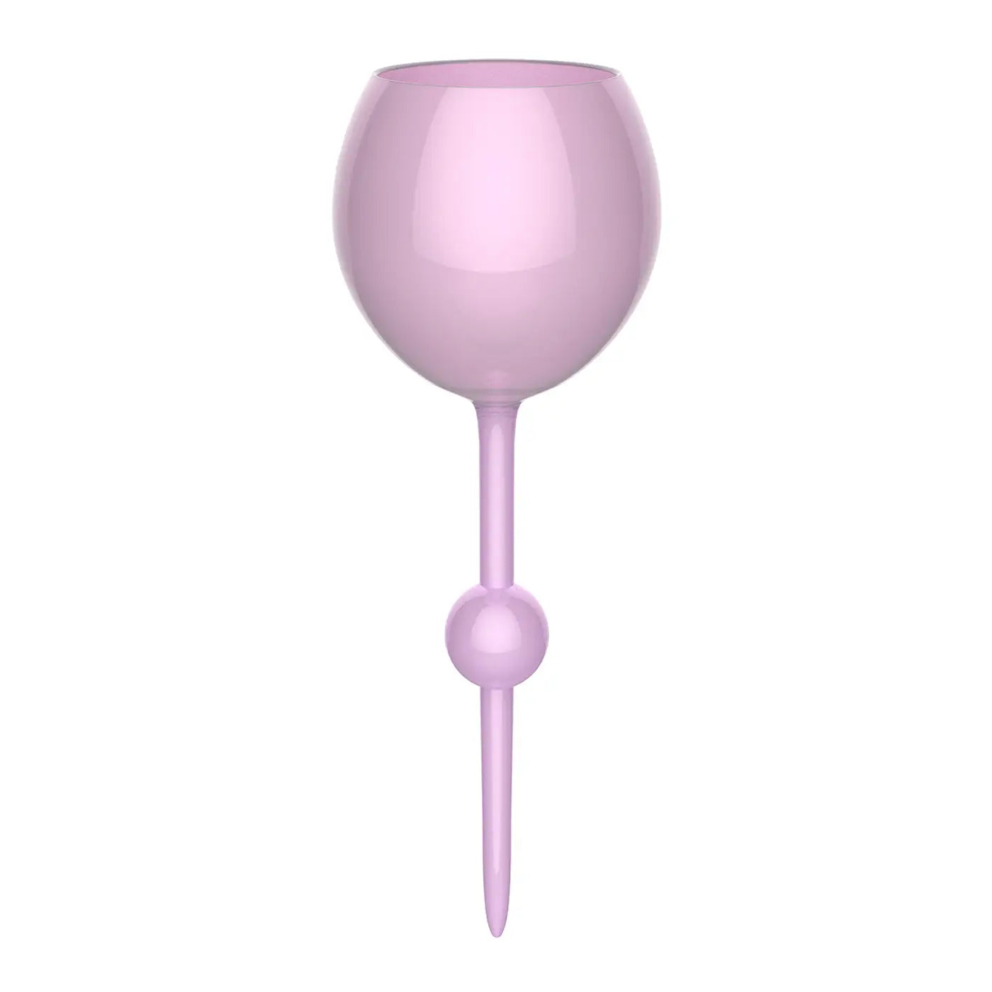 Sonia's Vokalized Kreations Floating Wine Glass for Beach, Pool & Outdoors is a pink, spherical, reusable acrylic glass with a pointed tip and round bulb on the stem, shown isolated on a white background.