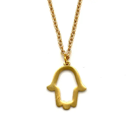 Sonia's Vokalized Kreations Hand of Fatima Charm necklace features a gold chain and a minimalist open-outline Hamsa hand pendant, displayed on a white background.