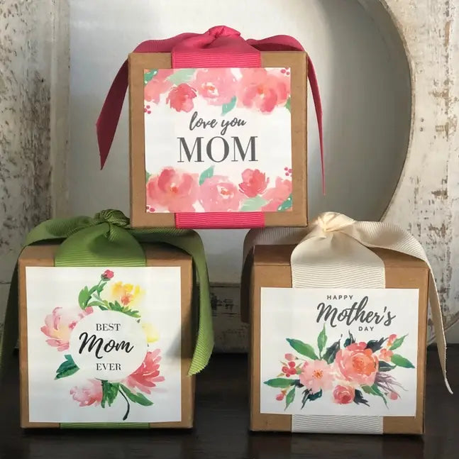 Sonia's Vokalized Kreations Toffee Boxes feature three floral gift boxes with ribbons reading "love you MOM," "BEST Mom EVER," and "HAPPY MOTHER'S DAY.