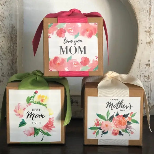 Sonia's Vokalized Kreations Toffee Boxes feature three floral gift boxes with ribbons reading "love you MOM," "BEST Mom EVER," and "HAPPY MOTHER'S DAY.