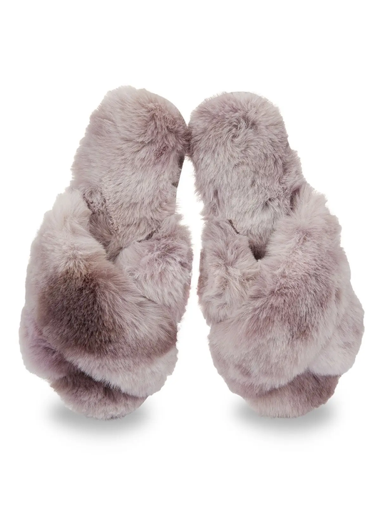 A pair of Sonia's Vokalized Kreations Josephine Slippers | Plush Faux Fur & Memory Foam in light purple, with cozy memory foam insoles, are shown side by side on a white background.