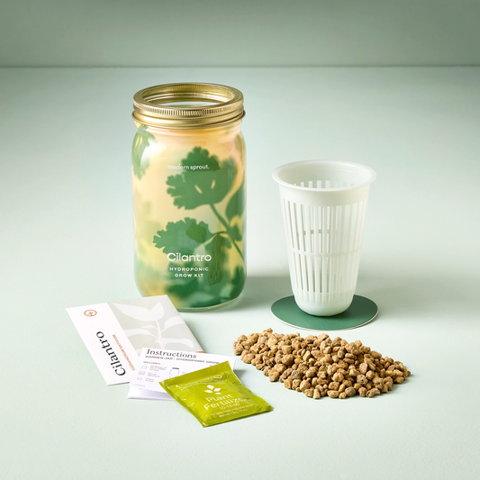 The Garden Jar Hydroponic Herb Kit by Sonia's Vokalized Kreations includes all you need—jar, net pot, growing medium, nutrients, instructions, and seeds—for easy indoor cilantro growing and fresh herbs year-round.