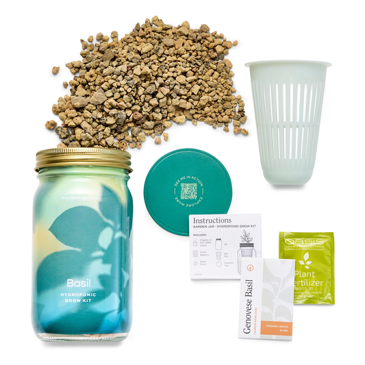 Easily grow fresh herbs year-round with the Garden Jar Hydroponic Herb Kit by Sonia's Vokalized Kreations—includes glass jar, lid, net cup, growing medium, instructions, basil seeds, and plant fertilizer.